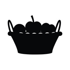 Stylized black silhouette illustration of an apple basket filled with fruit