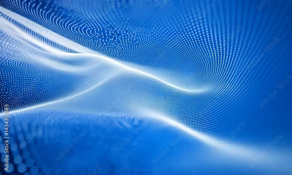 Poster dynamic flow of blue digital waves and particles in motion