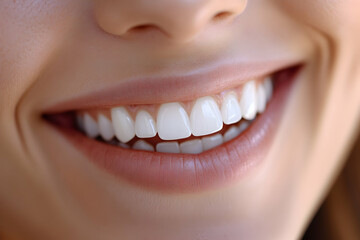 Fototapeta premium Close-up of smiling caucasian female showing perfect white teeth