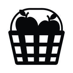 Black and white illustration of an apple basket filled with fruit