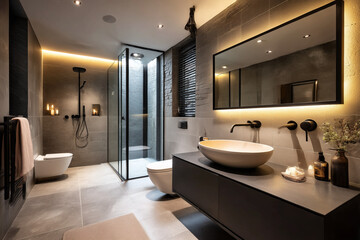 A high-end modern bathroom with clean lines, stone accents, and stylish matte black fittings.