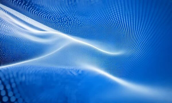 Dynamic flow of blue digital waves and particles in motion