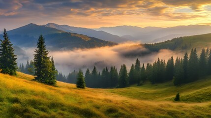 Morning Vista: A breathtaking panorama of rolling hills and verdant forests bathed in the golden light of dawn. Serene mountain range stretches into the distance.