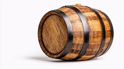 Rustic Wooden Barrel with Iron Bands on White Background Studio Shot for Beverage Industry Display