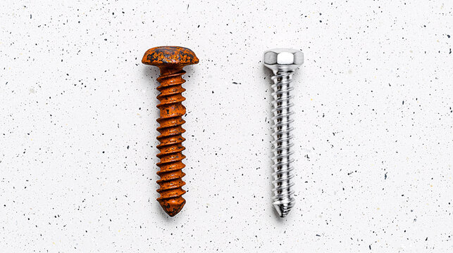 Rust Versus Metal Bolts Comparison Showing Degradation and Corrosion on White Speckled Backdrop