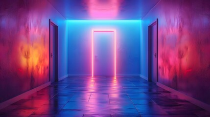 Neon Corridor: A surreal and vibrant hallway bathed in neon pink and blue light, featuring a glowing rectangular doorway as a focal point, creating a mysterious and atmospheric scene.