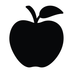 Simple black apple silhouette with stem and leaf on white background