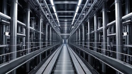 Long futuristic metallic factory corridor with endless rows of pipes and lights, cold steel structure, highly technological environment, concept of industrial innovation