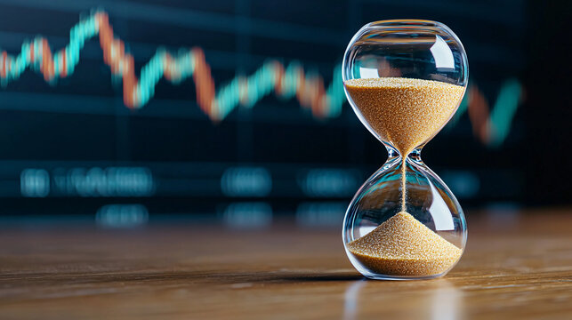 Time Pressure in Financial Markets Hourglass Sand Flowing Against Stock Market Chart Background