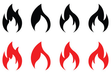 Fire icon collection. Fire flame symbol. Bonfire silhouette logotype. Set of fire flame vector icons.