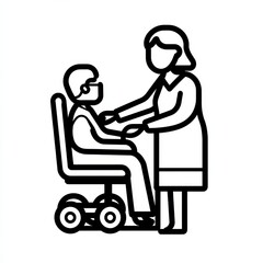 Nursing Care Outline: Depiction of a Caregiver Assisting an Elderly Patient Seated in a Wheelchair, Emphasizing Compassion and Support