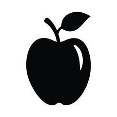 An illustration of a simple black apple with leaf and stem