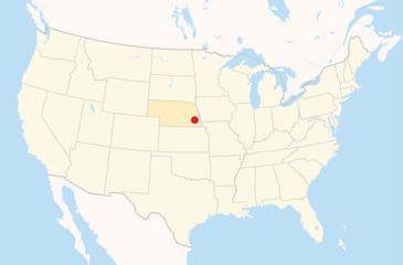 Location Map of the city Lincoln in Nebraska, USA. The state is marked orange and the city is highlighted with a red dot. No labels at all.