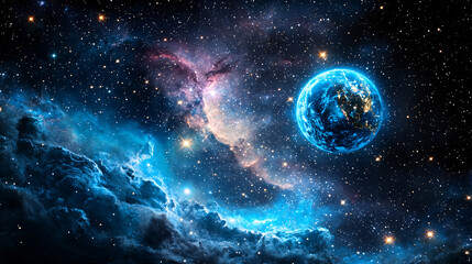 Obraz premium Vibrant Galaxy and Earth in Space Cosmic Harmony Celestial Display of Nebulae Stars and Planet