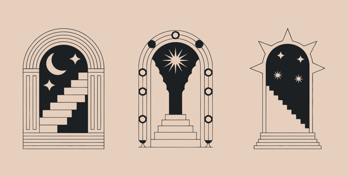 Celestial Gateways Mystical Arches To Moon Star And Sun With Steps Graphic Vector Illustration Artwork For Spiritual Design