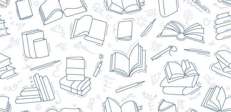 Books backdrop. Line art, doodle seamless pattern