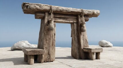 Fototapeta premium Rustic wooden entrance with ocean backdrop
