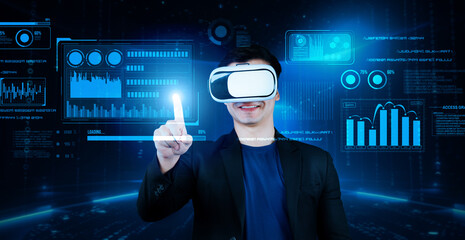 Smart business man with goggles working while using AI technology. Manager accessing at global...