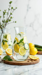 A refreshing glass bottle beverage with lemon slices and mint leaves, suggesting a healthy option for a keto diet.