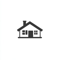 Simple Black and White House Icon with Chimney, Windows, and Door: Minimalist Design for Real Estate, Home Improvement, or Architectural Representation