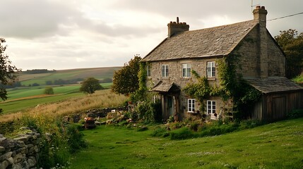 Rustic stone cottage nestled in a rolling countryside landscape.
