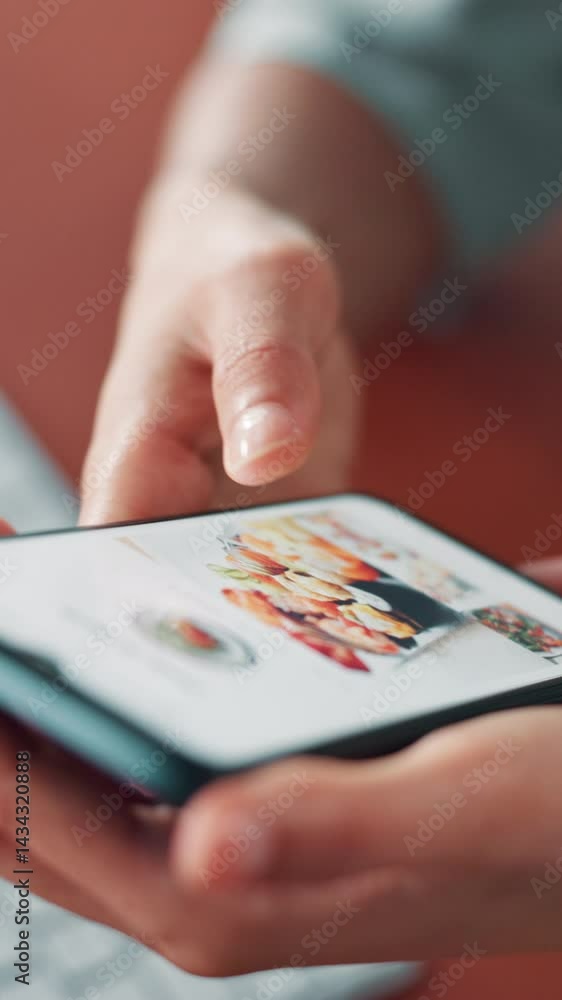 Aufkleber Online shopping, browsing and person with smartphone, hands and choice for food on website or screen. Ecommerce, customer and scrolling on mobile for breakfast, tech or checking menu on digital store