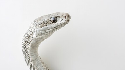 Fototapeta premium Close-up of a light grey snake's head and neck against a white background.