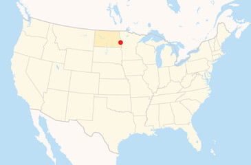 Location Map of the city Fargo in North Dakota, USA. The state is marked orange and the city is highlighted with a red dot. No labels at all.