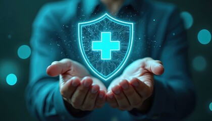 Hands hold digital shield with medical cross. Concept of innovative healthcare tech, data protection, cyber security, patient privacy. Future of medicine, telemedicine, virtual health.
