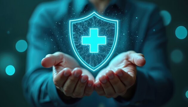Hands hold digital shield with medical cross. Concept of innovative healthcare tech, data protection, cyber security, patient privacy. Future of medicine, telemedicine, virtual health.