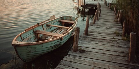 Obraz premium Tranquil Lakeside Scenery with Rowboat