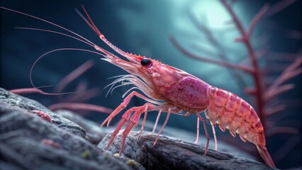Deep Sea Shrimp 3D Render, Close-up Composition, Bioluminescent Concept