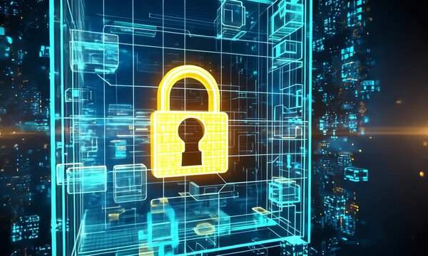 Digital security concept with glowing lock and dynamic cyber interface