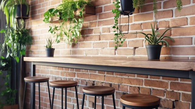 Wooden bar counter featuring hanging plants decorating weathered brick wall, creating inviting urban interior with minimalist design aesthetic and warm atmosphere