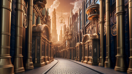 Steampunk cityscape with golden architecture at sunset  