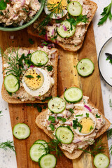 Tuna Salad Sandwiches with Eggs and Cucumbers..top veiw