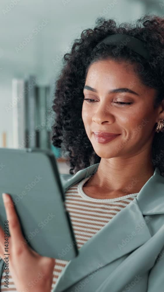 Aufkleber tablet, reading and happy business woman with schedule, administration or secretary scroll online. d