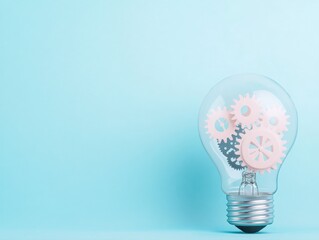 A light bulb filled with colorful gears against a blue background, symbolizing creativity and innovation.