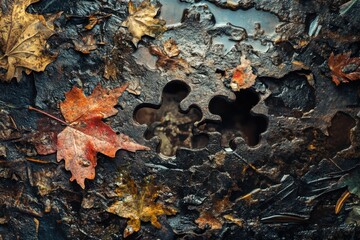 Autumn Leaves on Wet Ground with Puzzle Piece Cutouts