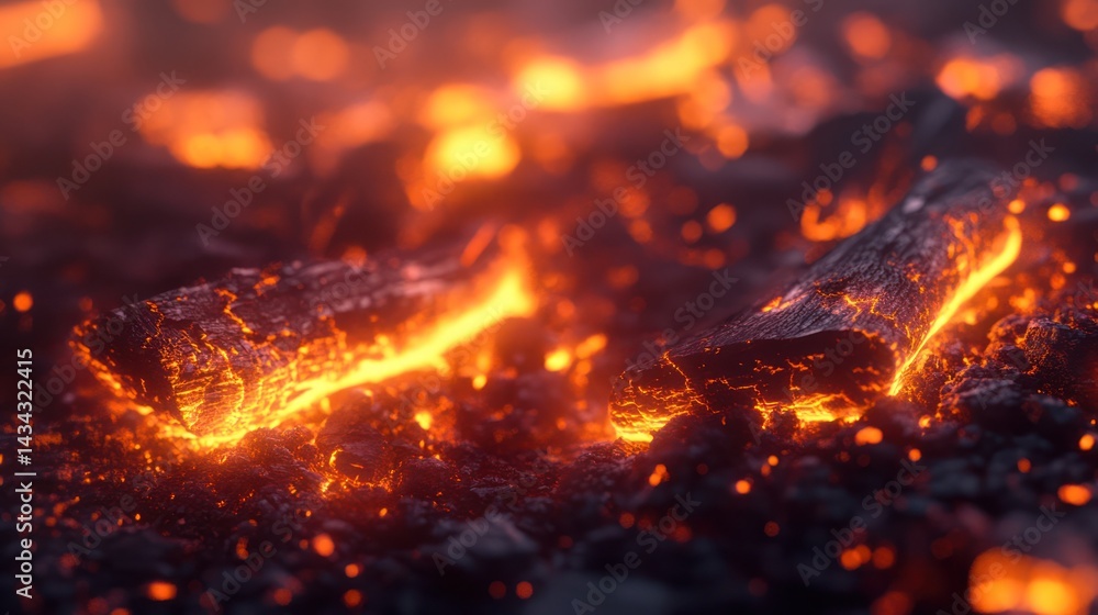 Poster glowing embers smoldering on a dark surface in low light with fiery bokeh background