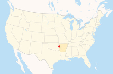 Obraz premium Location Map of the city Fort Smith in Arkansas, USA. The state is marked orange and the city is highlighted with a red dot. No labels at all.