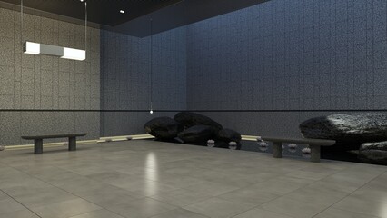 Photorealistic 3D illustration of a minimalist meditation room with dark textured walls, stone benches, and zen garden featuring large rocks and lotus flowers. Modern interior with clean tile flooring
