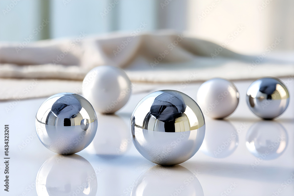 Aufkleber shiny chrome and matte white spheres on glossy surface with soft reflections in minimalistic light i