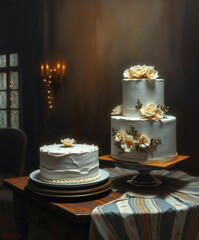 Elegant celebration cakes adorned with intricate floral decorations in a soft-lit room during a cozy evening gathering