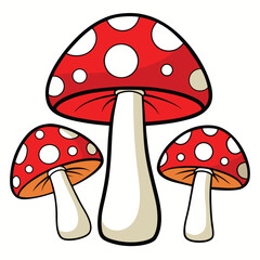 Cartoon illustration of three red mushrooms with white spots