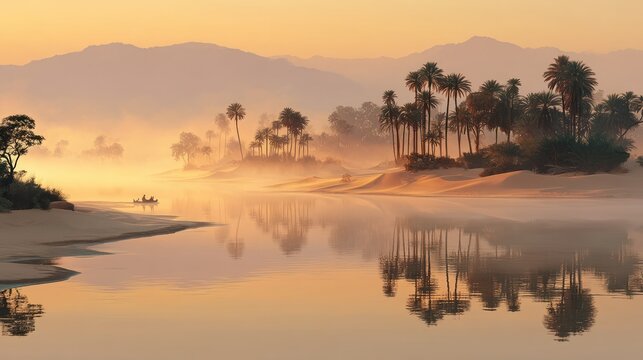 Serene river with misty palms and distant mountains