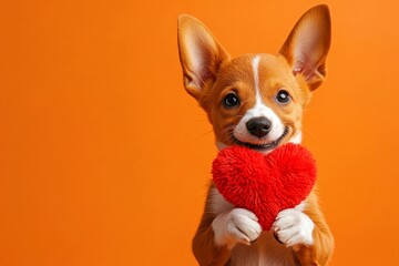 Cute basenji canine with fluffy red heart - sign of love, funny greeting card. Ad concept layout. Basenji - my desired dog. Pet valentine card designs. Red heart. Puppy valentine photos.