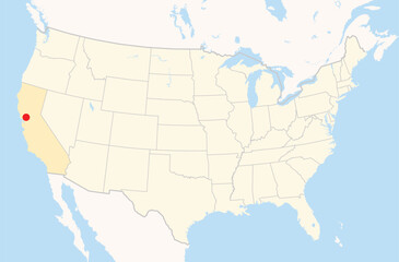 Location Map of the city Fairfield in California, USA. The state is marked orange and the city is highlighted with a red dot. No labels at all.