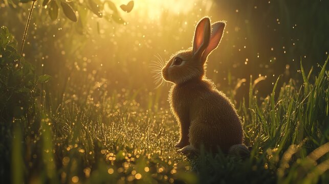 A young rabbit sitting in lush green grass, illuminated by soft sunlight, capturing a serene moment in nature.