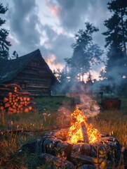 Rustic cabin fire twilight scene